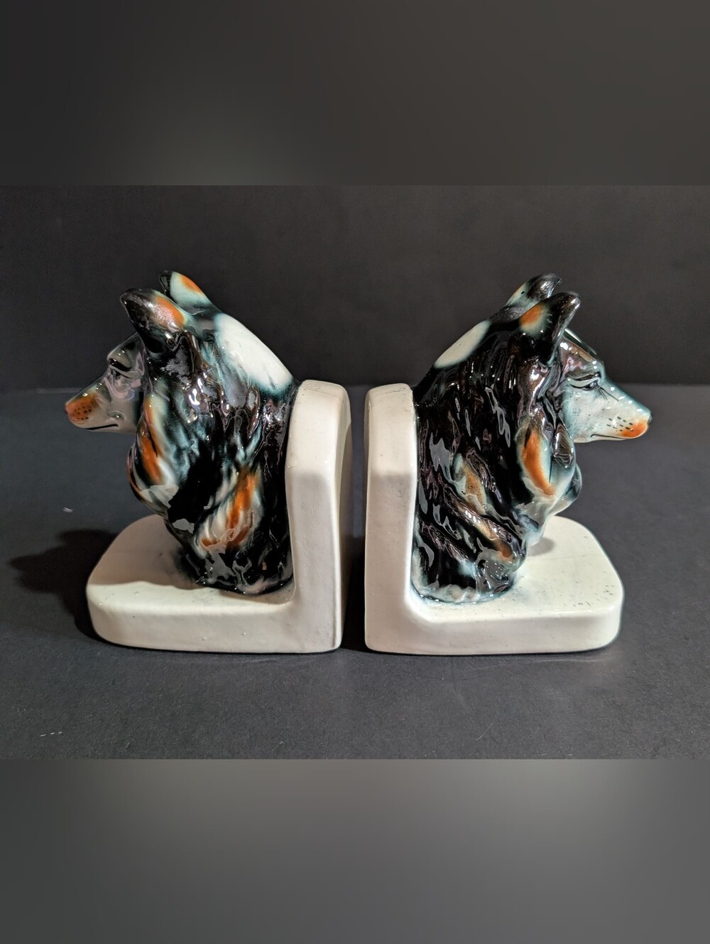 Vtg Set Of 2 Collie Dog Bookends Ceramic Figurine MCM